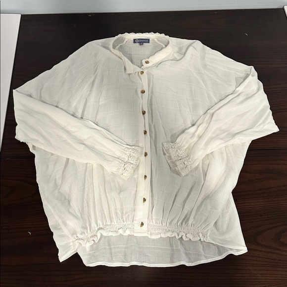 Democracy White Button Front Blouse Size M – Boho Lace Trim Peasant Top - Picture 1 of 8